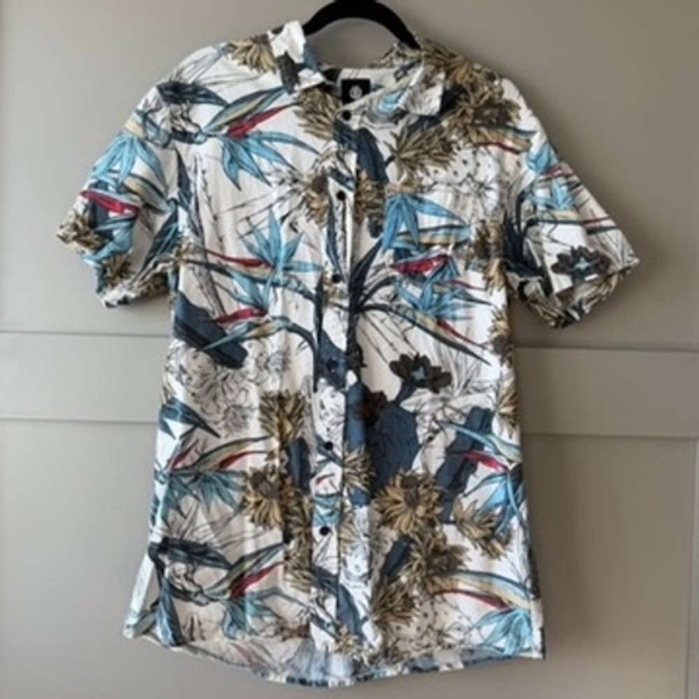 Element Button Down Shirt Mens XL White Tropical Bird of Paradise Cactus Cotton